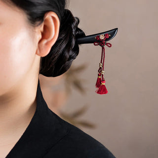 Buddha Gift Ebony Red String Chinese Knot Tassel Protection Hairpin