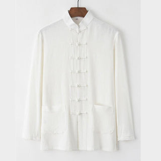 Buddha Gift 2Pcs Tang Suit Frog-Button Long Sleeve Shirt Pants Linen Cotton Men's Set