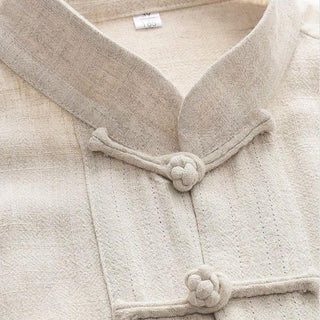 Buddha Gift 2Pcs Tang Suit Frog-Button Long Sleeve Shirt Pants Linen Cotton Men's Set