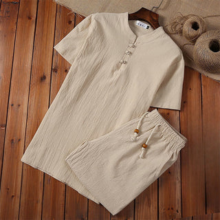 Buddha Gift 2Pcs Solid Color Frog-Button Tang Suit Cotton Linen Short Sleeve Pants Clothing Men's Set