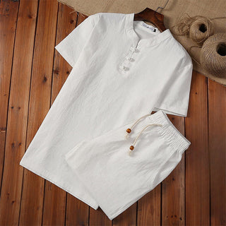 Buddha Gift 2Pcs Solid Color Frog-Button Tang Suit Cotton Linen Short Sleeve Pants Clothing Men's Set