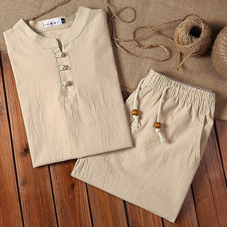 Buddha Gift 2Pcs Solid Color Frog-Button Tang Suit Cotton Linen Short Sleeve Pants Clothing Men's Set