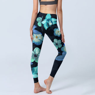 Buddha Gift Green Blue Floral Print Exercise Leggings Women's Yoga Pants