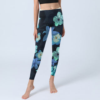 Buddha Gift Green Blue Floral Print Exercise Leggings Women's Yoga Pants