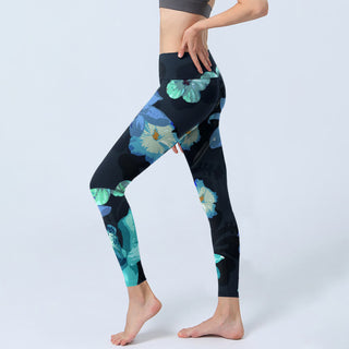 Buddha Gift Green Blue Floral Print Exercise Leggings Women's Yoga Pants