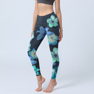 Buddha Gift Green Blue Floral Print Exercise Leggings Women's Yoga Pants