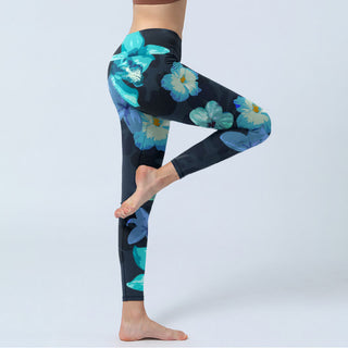 Buddha Gift Green Blue Floral Print Exercise Leggings Women's Yoga Pants