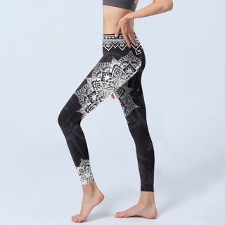 Buddha Gift Black Mandala Flowers Print Exercise Leggings Women's Yoga Pants