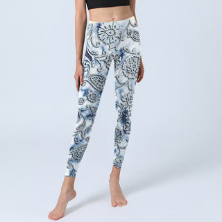 Buddha Gift White Round Flowers Print Exercise Leggings Women's Yoga Pants