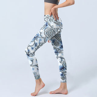 Buddha Gift White Round Flowers Print Exercise Leggings Women's Yoga Pants