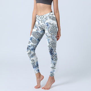 Buddha Gift White Round Flowers Print Exercise Leggings Women's Yoga Pants