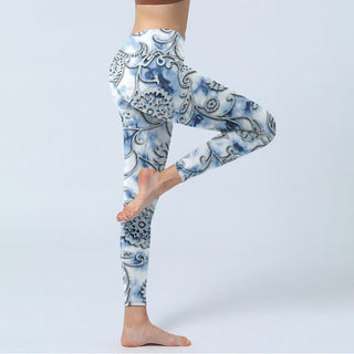 Buddha Gift White Round Flowers Print Exercise Leggings Women's Yoga Pants