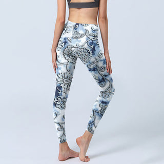 Buddha Gift White Round Flowers Print Exercise Leggings Women's Yoga Pants