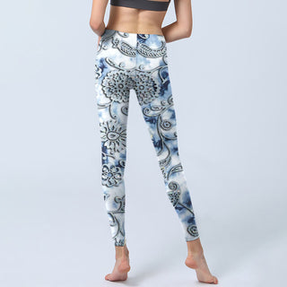 Buddha Gift White Round Flowers Print Exercise Leggings Women's Yoga Pants