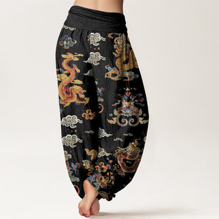 Buddha Gift Golden Dragons Auspicious Clouds Design Women's Elastic Waist Harem Pants