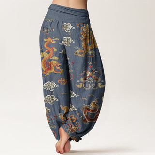 Buddha Gift Golden Dragons Auspicious Clouds Design Women's Elastic Waist Harem Pants
