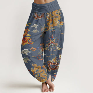 Buddha Gift Golden Dragons Auspicious Clouds Design Women's Elastic Waist Harem Pants