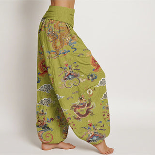 Buddha Gift Golden Dragons Auspicious Clouds Design Women's Elastic Waist Harem Pants