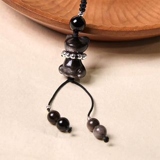 Buddha Stone Natural Silver Sheen Obsidian Noble Kitten Cat Soothing Phone Hanging Decoration