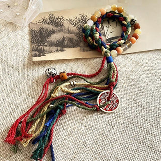 Buddha Gift Tibetan Mountain Ghosts Spend Money Colorful Chalcedony Double-Layer Colored Rope Tassel Positive Bracelet
