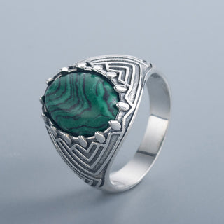 Buddha Gift Oval Vintage 925 Sterling Silver Malachite Bead Calmness Ring