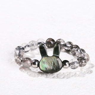 Buddha Gift 3mm Black Rutilated Quartz Tridacna Stone Rabbit Cat Ring