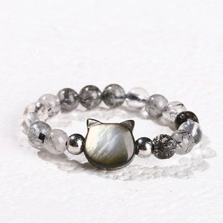 Buddha Gift 3mm Black Rutilated Quartz Tridacna Stone Rabbit Cat Ring