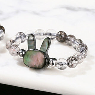 Buddha Gift 3mm Black Rutilated Quartz Tridacna Stone Rabbit Cat Ring