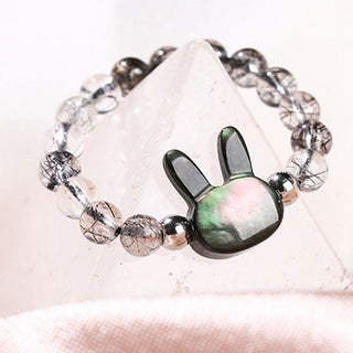 Buddha Gift 3mm Black Rutilated Quartz Tridacna Stone Rabbit Cat Ring