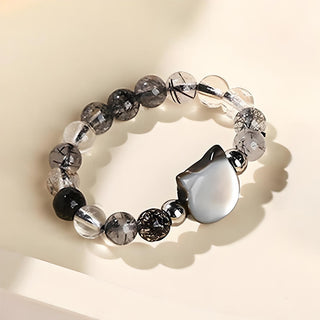 Buddha Gift 3mm Black Rutilated Quartz Tridacna Stone Rabbit Cat Ring