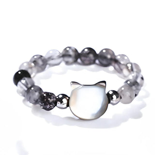 Buddha Gift 3mm Black Rutilated Quartz Tridacna Stone Rabbit Cat Ring