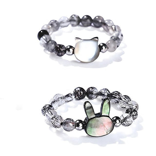Buddha Gift 3mm Black Rutilated Quartz Tridacna Stone Rabbit Cat Ring