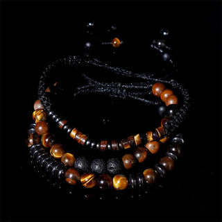 Buddha Gift 3Pcs Tiger Eye Lava Rock Protection Bracelet Set