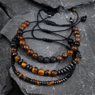 Buddha Gift 3Pcs Tiger Eye Lava Rock Protection Bracelet Set