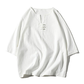 Buddha Gift 2Pcs Plain Notched Collar T-Shirt 7-8 Length Wide Leg Shorts With Pockets Cotton Linen Men's Meditation Cloth Set