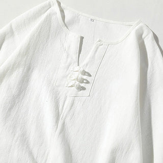 Buddha Gift 2Pcs Plain Notched Collar T-Shirt 7-8 Length Wide Leg Shorts With Pockets Cotton Linen Men's Meditation Cloth Set