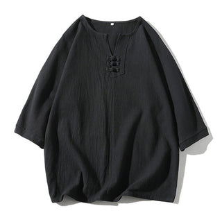 Buddha Gift 2Pcs Plain Notched Collar T-Shirt 7-8 Length Wide Leg Shorts With Pockets Cotton Linen Men's Meditation Cloth Set