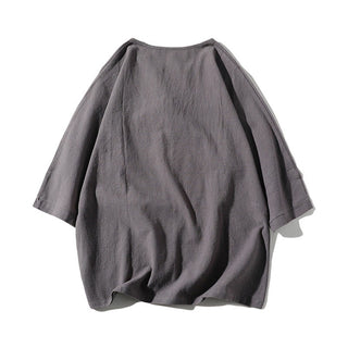 Buddha Gift 2Pcs Plain Notched Collar T-Shirt 7-8 Length Wide Leg Shorts With Pockets Cotton Linen Men's Meditation Cloth Set