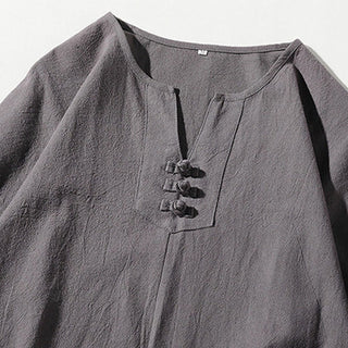 Buddha Gift 2Pcs Plain Notched Collar T-Shirt 7-8 Length Wide Leg Shorts With Pockets Cotton Linen Men's Meditation Cloth Set