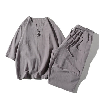 Buddha Gift 2Pcs Plain Notched Collar T-Shirt 7-8 Length Wide Leg Shorts With Pockets Cotton Linen Men's Meditation Cloth Set