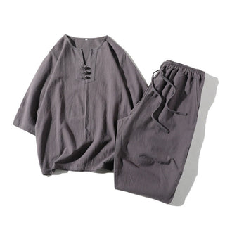 Buddha Gift 2Pcs Plain Notched Collar T-Shirt 7-8 Length Wide Leg Shorts With Pockets Cotton Linen Men's Meditation Cloth Set