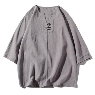 Buddha Gift 2Pcs Plain Notched Collar T-Shirt 7-8 Length Wide Leg Shorts With Pockets Cotton Linen Men's Meditation Cloth Set