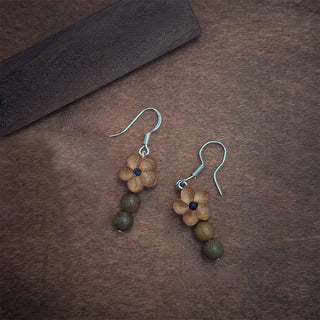 Buddha Gift 925 Sterling Silver Peach Wood Flower Green Sandalwood Luck Earrings