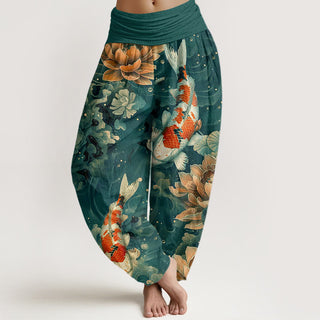 Buddha Gift Colorful Koi Fish Lotus Flowers Design Women's Elastic Waist Harem Pants