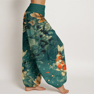 Buddha Gift Colorful Koi Fish Lotus Flowers Design Women's Elastic Waist Harem Pants