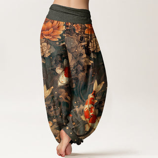Buddha Gift Colorful Koi Fish Lotus Flowers Design Women's Elastic Waist Harem Pants