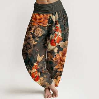 Buddha Gift Colorful Koi Fish Lotus Flowers Design Women's Elastic Waist Harem Pants