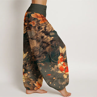 Buddha Gift Colorful Koi Fish Lotus Flowers Design Women's Elastic Waist Harem Pants