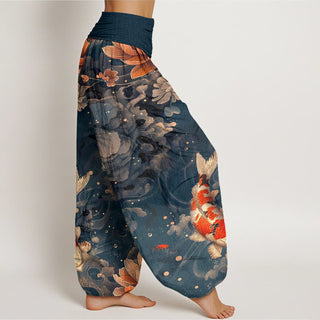 Buddha Gift Colorful Koi Fish Lotus Flowers Design Women's Elastic Waist Harem Pants
