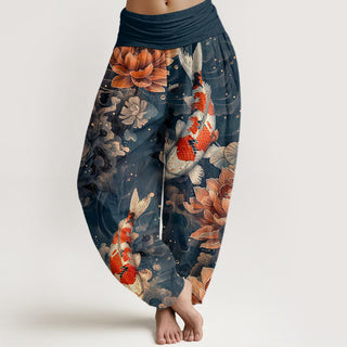 Buddha Gift Colorful Koi Fish Lotus Flowers Design Women's Elastic Waist Harem Pants